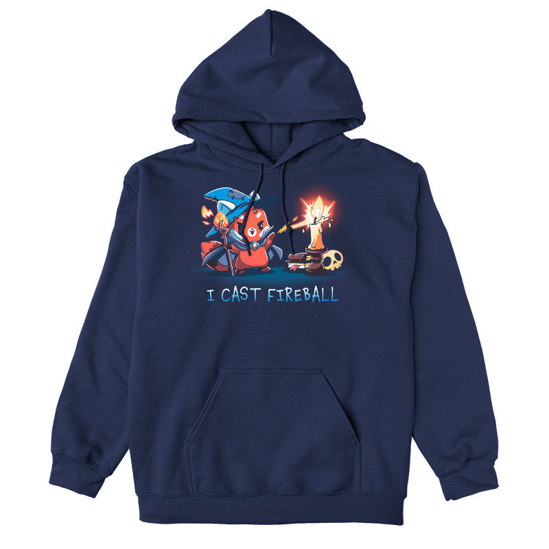 Pullover Hoodie_TeeTurtle I Cast Fireball navy blue t-shirt featuring a fox in a tabletop game wizard outfit with a staff who casts a fireball spell towards a candle, with the text "I CAST FIREBALL" below. A stack of books and a skull are in the background. 