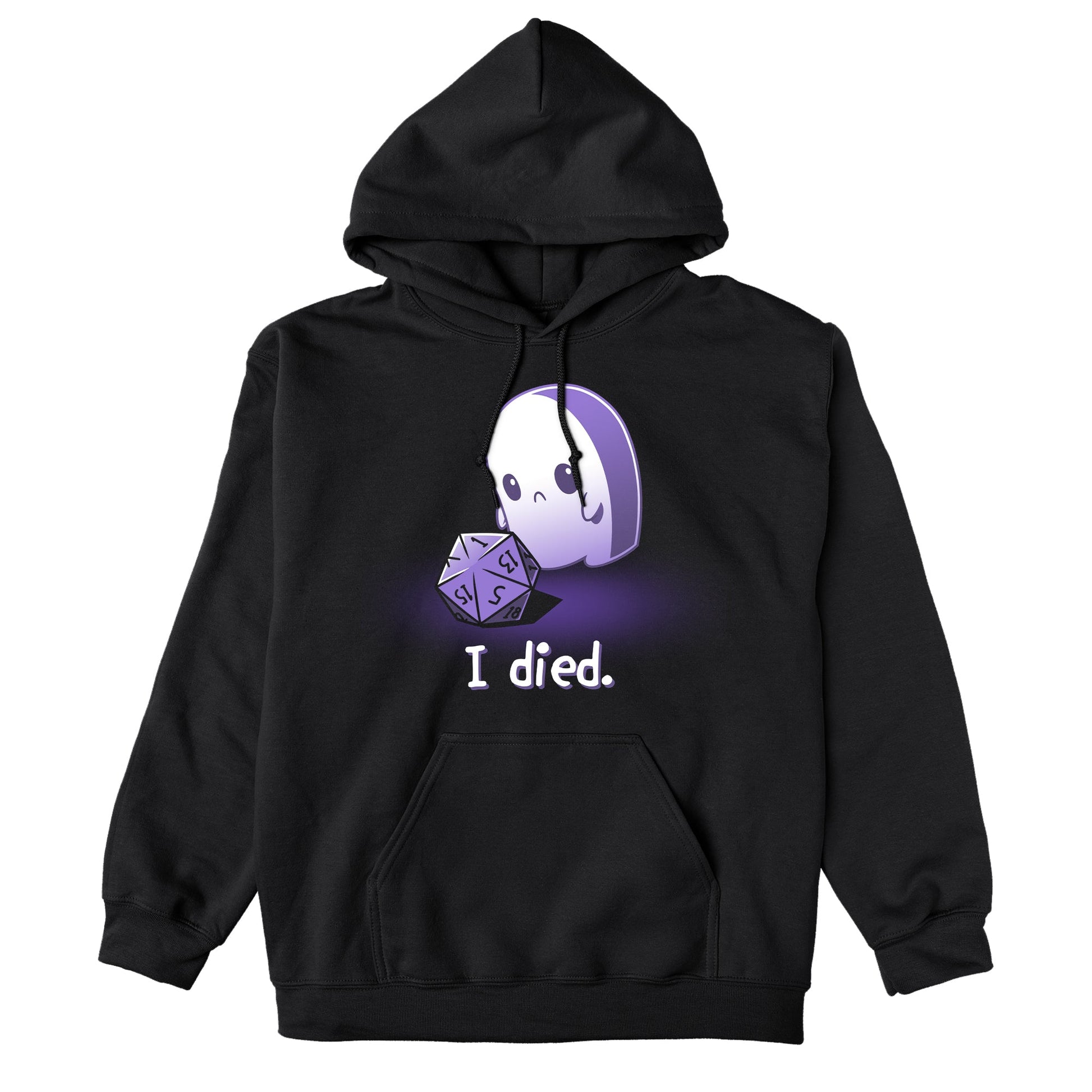 Pullover Hoodie_TeeTurtle I Died. black design featuring a sad white ghost that rolled a D1 tabletop game dice with the text "I died." below.