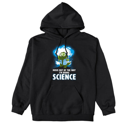 Pullover Hoodie_TeeTurtle black I'm Doing SCIENCE. Featuring a t-rex in a lab coat and safety glasses holding a beaker and explosion in the background.