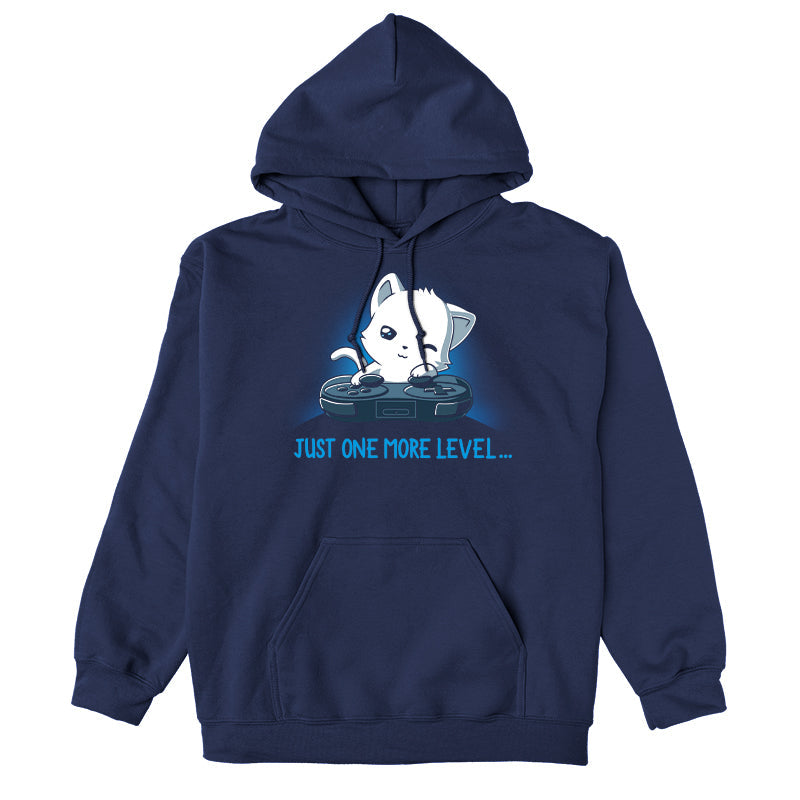 Pullover Hoodie_TeeTurtle Just One More Level navy blue design featuring a cat falling asleep in front of a video game controller.