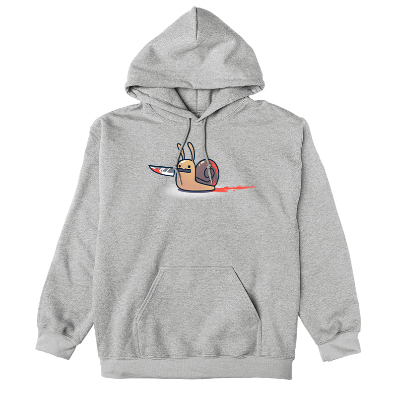 Pullover Hoodie_TeeTurtle sport gray Killer Snail. Featuring a bloody snail holding a bloody knife in its mouth.