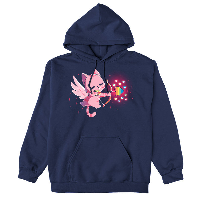 Pullover Hoodie_TeeTurtle navy blue LGBTQ-pid Kitty. Featuring a pink Cupid cat shooting an arrow with a rainbow heart at the tip.