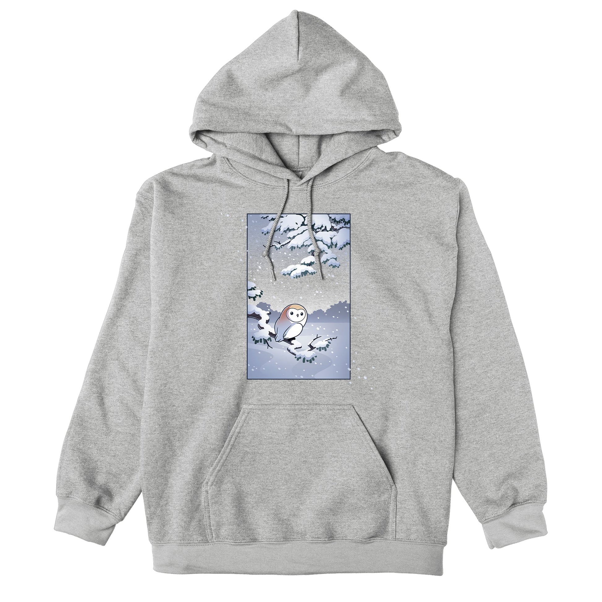 Pullover Hoodie_TeeTurtle heather gray Snowy Owl apparel featuring a barn owl perched on a snowy branch with snow falling in the background.