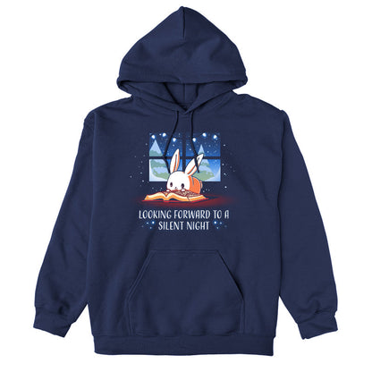 Pullover Hoodie_TeeTurtle navy blue Looking Forward to a Silent Night. Featuring a reading bunny with a snowy forest outside.