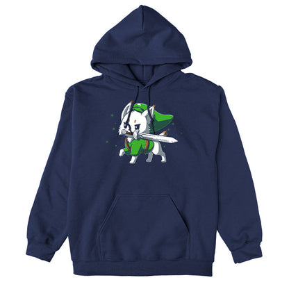  Pullover Hoodie_TeeTurtle Lynx navy blue design featuring a determined white Lynx with a sword in its mouth dressed in a long green hat and matching green tunic in this fantasy video game design. 