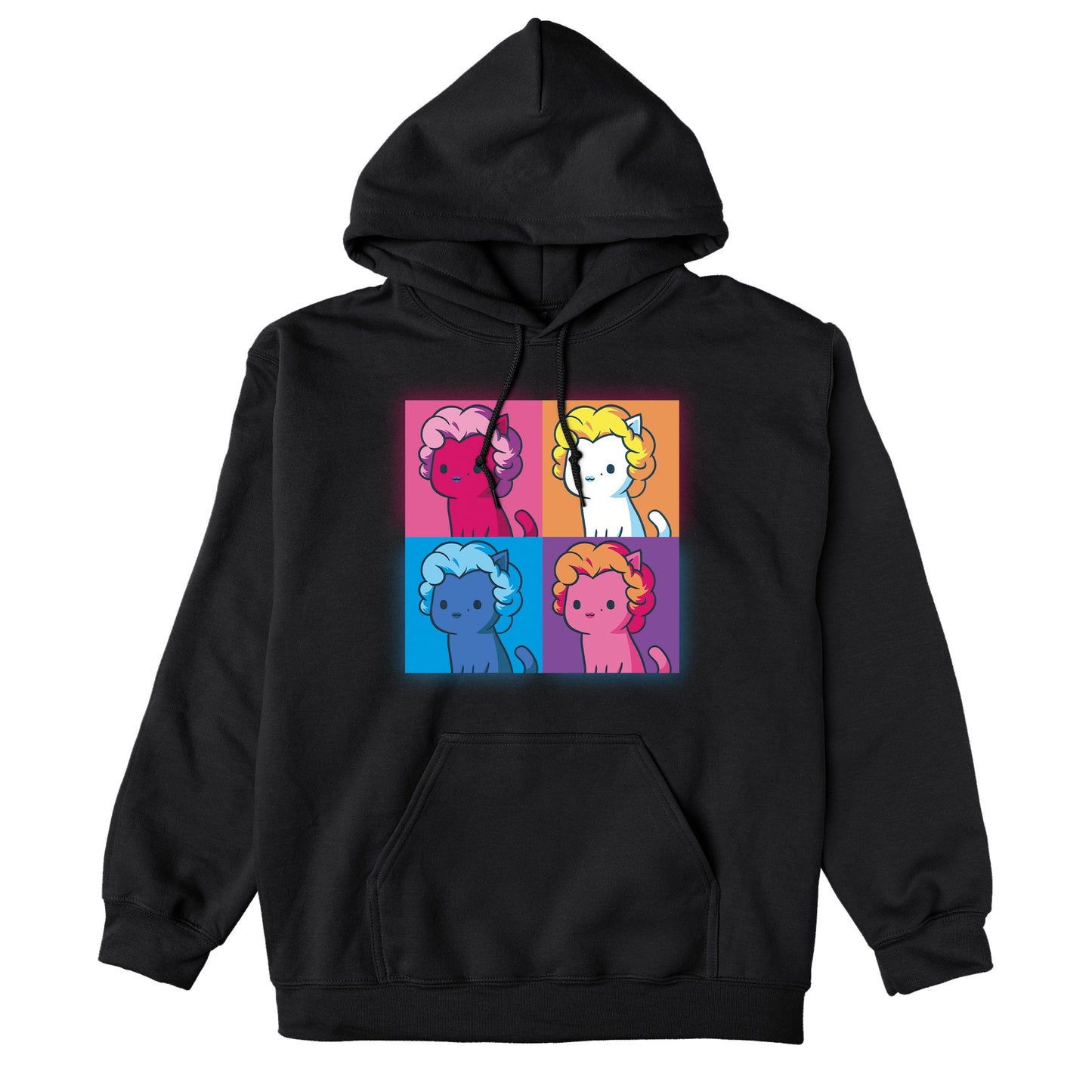 Pullover Hoodie_TeeTurtle Marilyn Meownroe black design featuring a four panel, multicolored and stylized image of a cartoon cat in a Marilyn Monroe wig in parody of the famous painting of her.