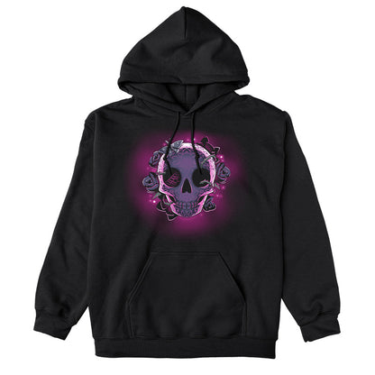 Pullover Hoodie_TeeTurtle black Memento Mori. Featuring a skull with Dia de los Muertos engraving wreathed in roses.