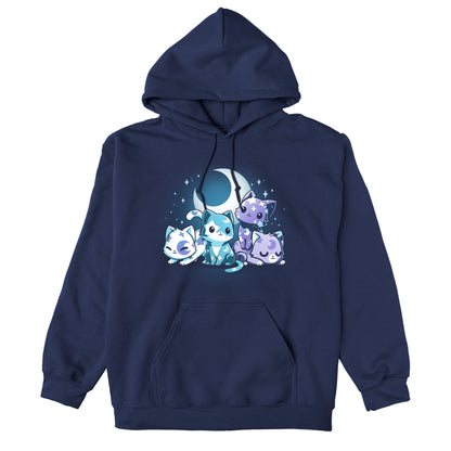 Pullover Hoodie_TeeTurtle navy blue Moon & Star Meows. Featuring blue and purple kittens with moon and star patterns on their fur.