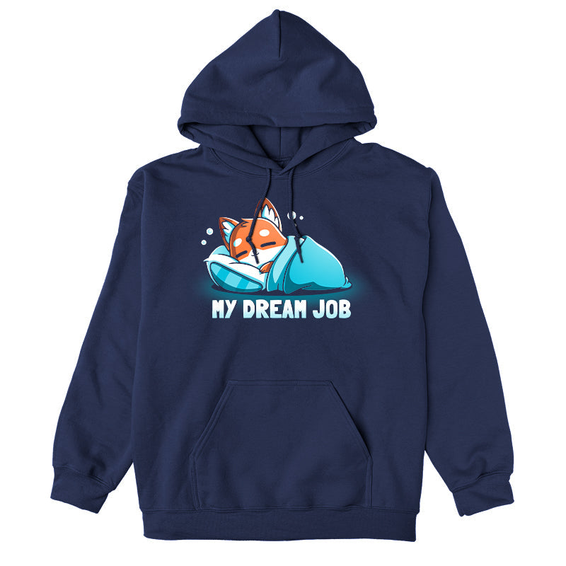 Pullover Hoodie_TeeTurtle navy blue My Dream Job featuring a sleeping fox with a blanket.