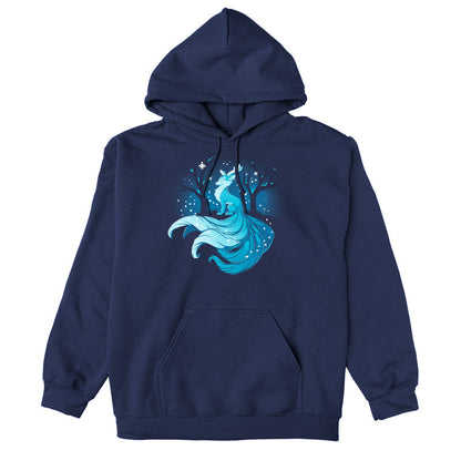 Pullover Hoodie_TeeTurtle Winter Kitsune navy blue design featuring a blue, fox-like creature with antlers, long tails, and a flowing mane sitting in a snowy forest with bare trees.