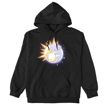 Pullover Hoodie_TeeTurtle black Sun & Moon Kitties apparel featuring a sun cat and moon cat sleeping together in a yin-yang formation.