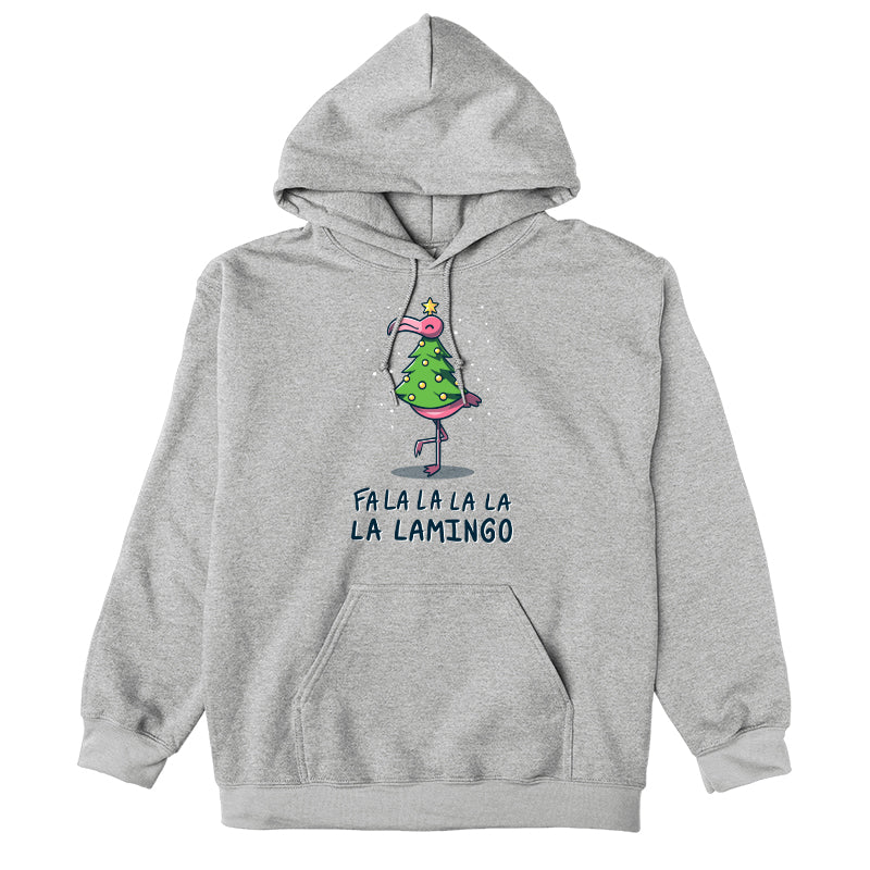 Pullover Hoodie_TeeTurtle Fa La La Lamingo heather gray t-shirt featuring a flamingo dressed up as a Christmas tree