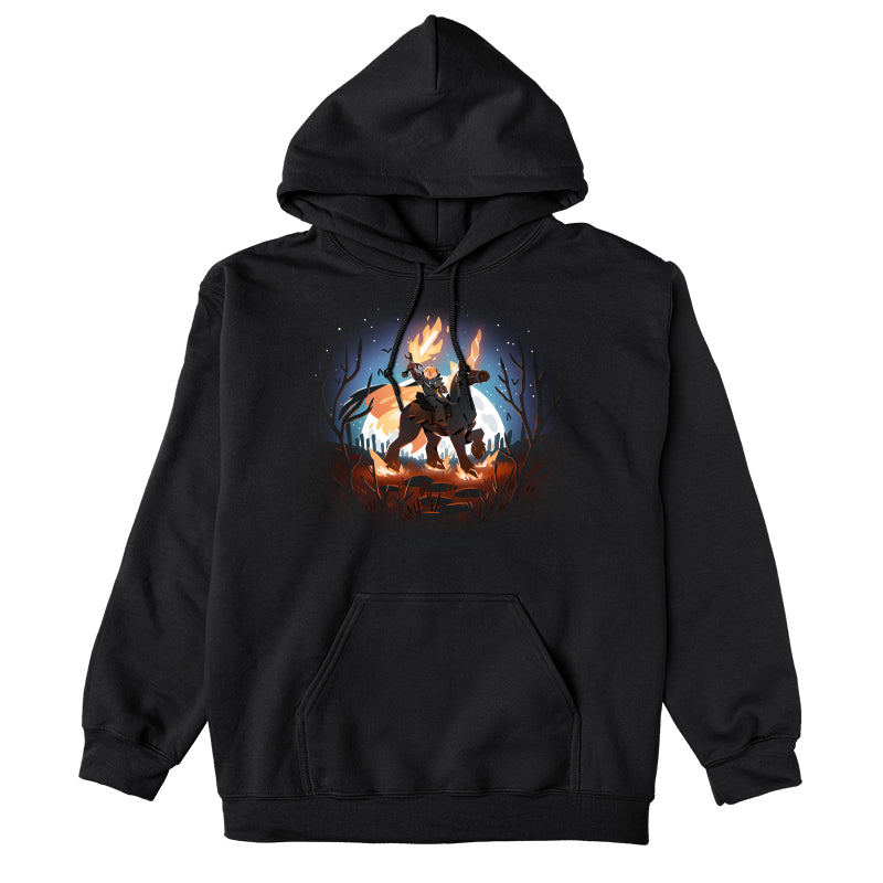 Pullover Hoodie_TeeTurtle black Return of the Halloween Knight featuring a knight with a pumpkin head and flaming sword riding a horse in a spooky forest.