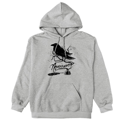 Pullover Hoodie_TeeTurtle sport gray Nevermore. Featuring a raven perched on a branch coming out of an inkwell.