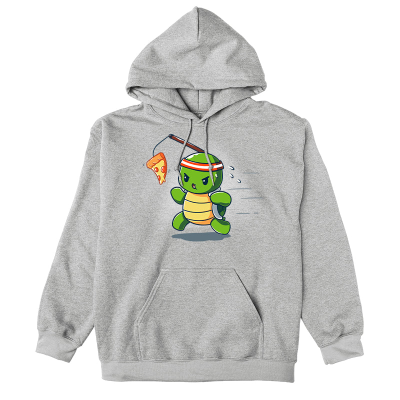 Pullover Hoodie_TeeTurtle Ninja Training heather gray t-shirt featuring a turtle chasing after a pizza slice dangling from a stick strapped to their head.