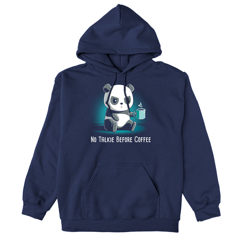 Pullover Hoodie_TeeTurtle navy blue No Talkie Before Coffee. Featuring a grumpy panda holding a cup of coffee.