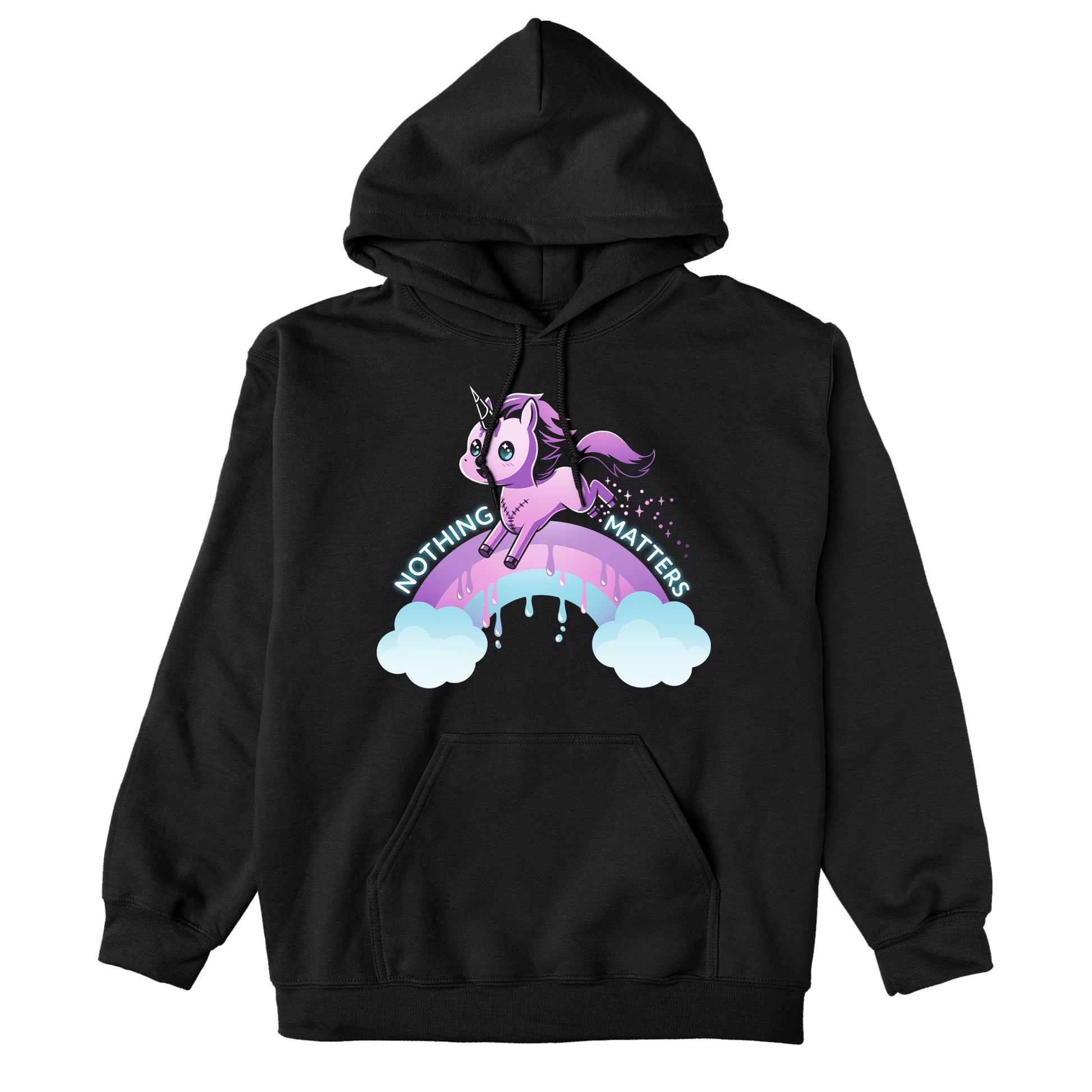 Pullover Hoodie_TeeTurtle Nothing Matters (Unicorn) black design featuring a purple unicorn jumping over a drippy rainbow.