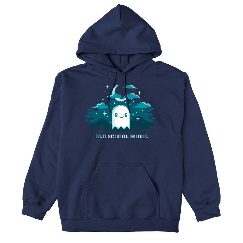 Pullover Hoodie_TeeTurtle Old School Ghoul navy blue design featuring a spooky pixel art smiling ghost under a crescent moon and stars with text "Old School Ghoul" below in this Halloween and video game design. 