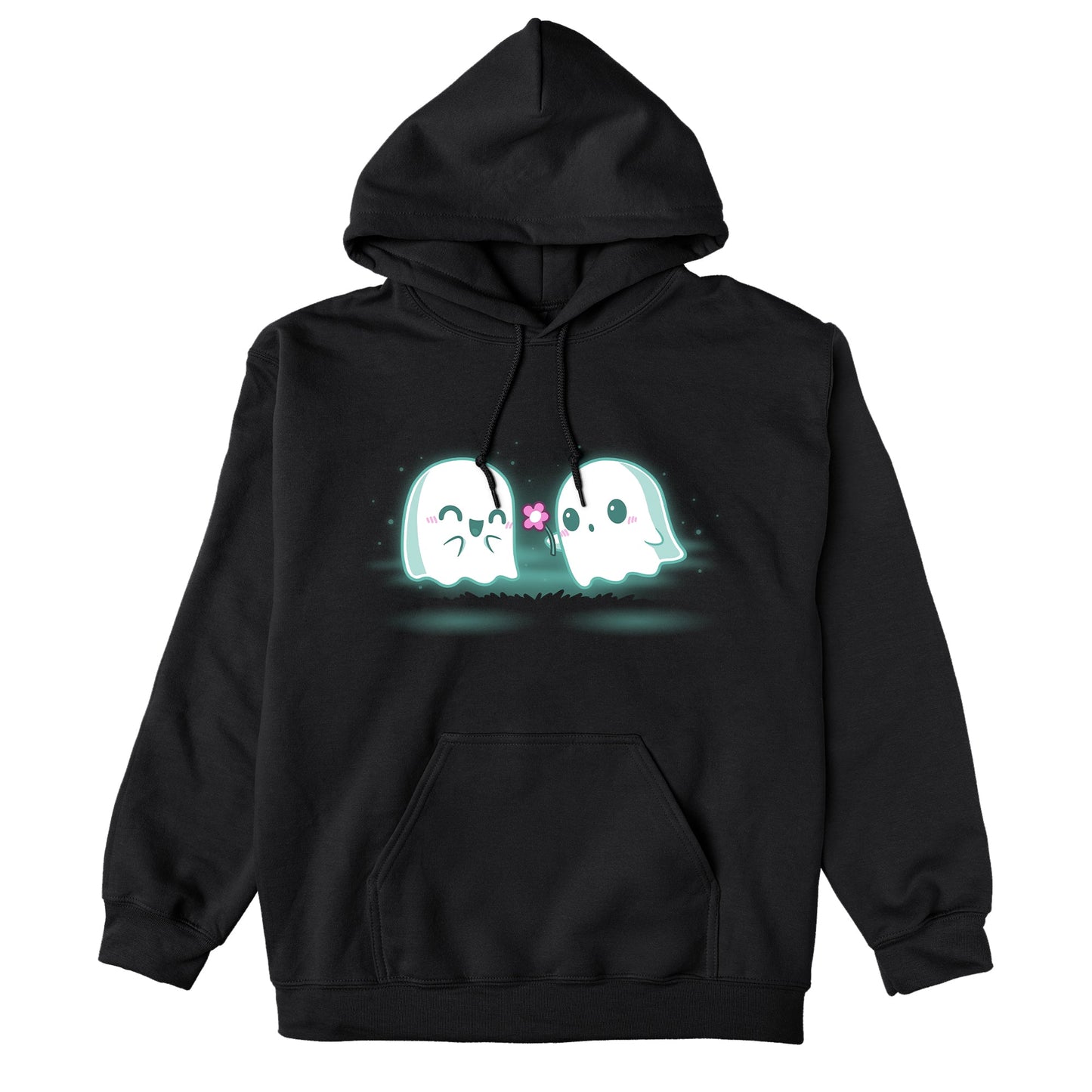 Pullover Hoodie_TeeTurtle One Boo Love black design featuring two cute kawaii ghost-like Halloween characters are glowing softly in the dark on a black apparel. One ghost is smiling with eyes closed while the other offers a pink flower.