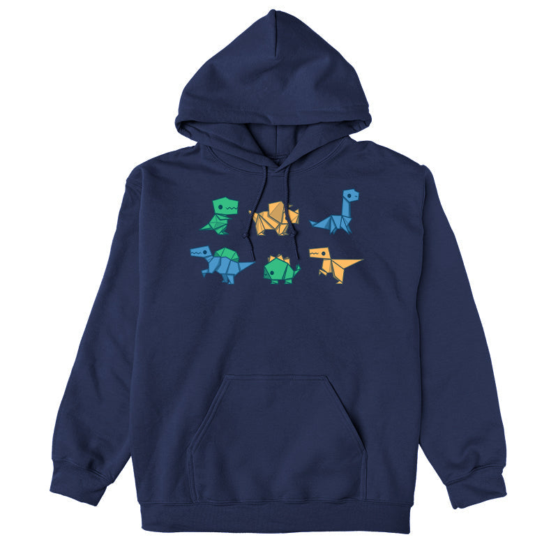 Pullover Hoodie_TeeTurtle Origami Dinos navy blue design featuring a collection of origami dinosaurs in different colors.