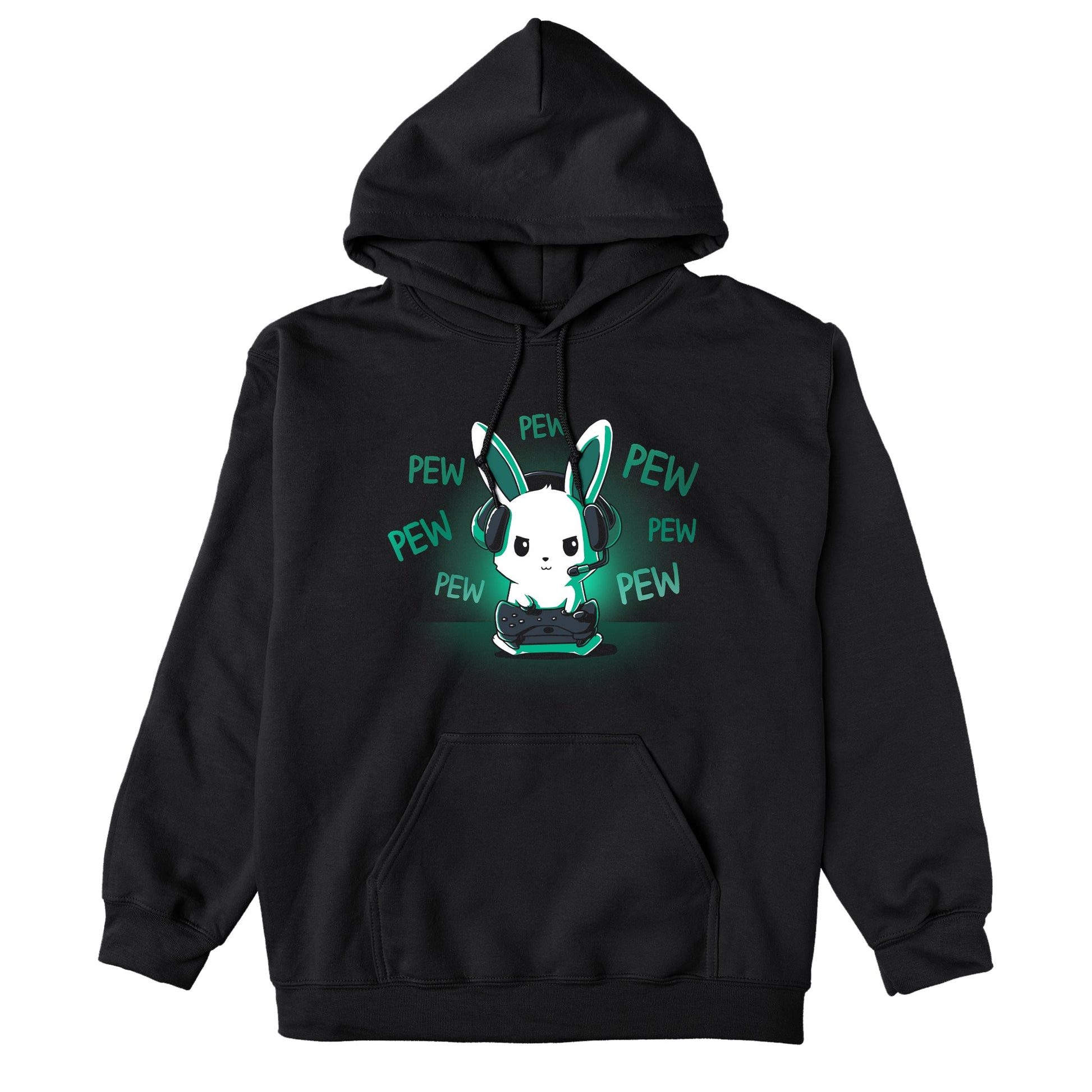 Pullover Hoodie_TeeTurtle black Pew Pew Bunny. Featuring a bunny playing a video game with a controller making pew-pew sounds.