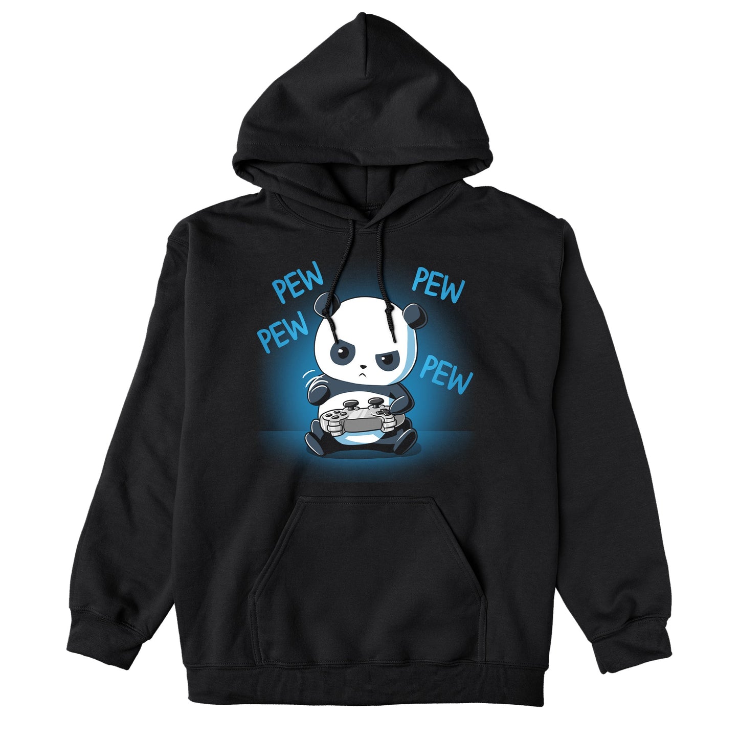 Pullover Hoodie_TeeTurtle black Pew Pew Panda. Featuring a panda playing a video game with a controller.