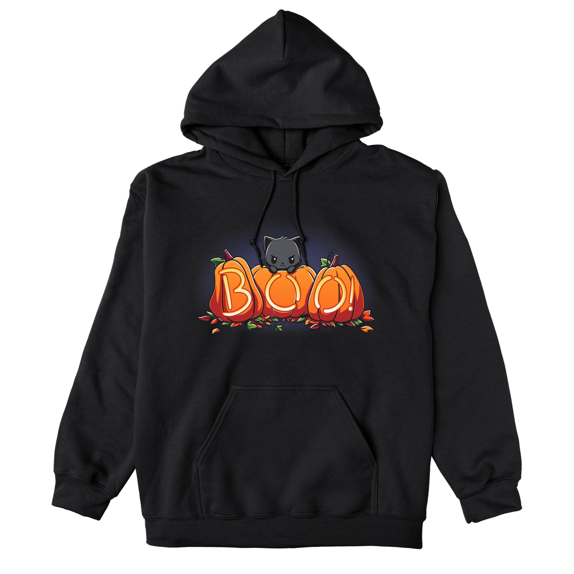 Pullover Hoodie_TeeTurtle Pumpkin Kitty black t-shirt featuring a spooky black cat sitting behind three pumpkins that spell "BOO!" with glowing letters, surrounded by scattered leaves in Halloween fall colors. 