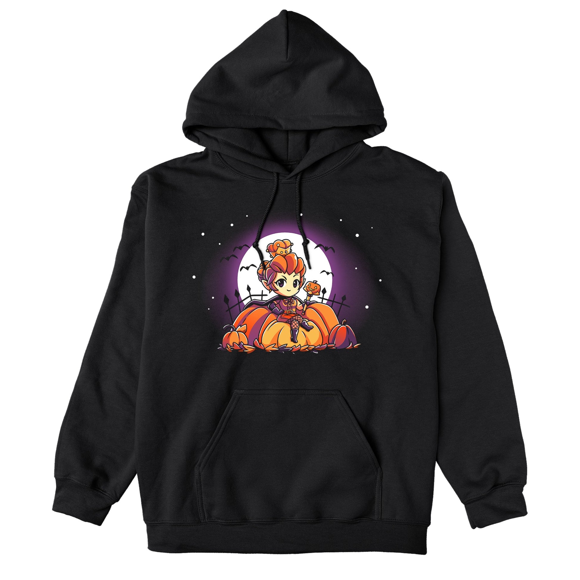 Pullover Hoodie_TeeTurtle black Pumpkin Queen. Featuring a pumpkin queen sitting among giant pumpkins.