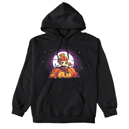 Pullover Hoodie_TeeTurtle black Pumpkin Queen. Featuring a pumpkin queen sitting among giant pumpkins.