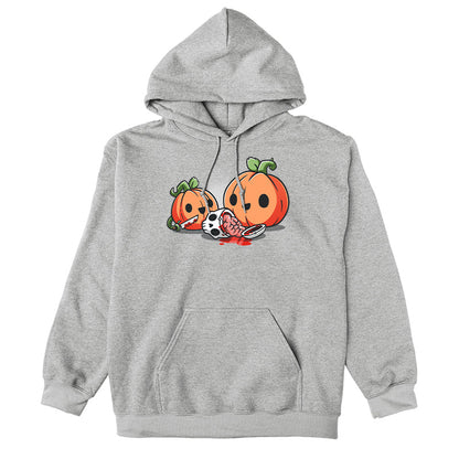 Pullover Hoodie_TeeTurtle Pumpkin Carving silver gray t-shirt featuring cheerful pumpkins carving a human skull.