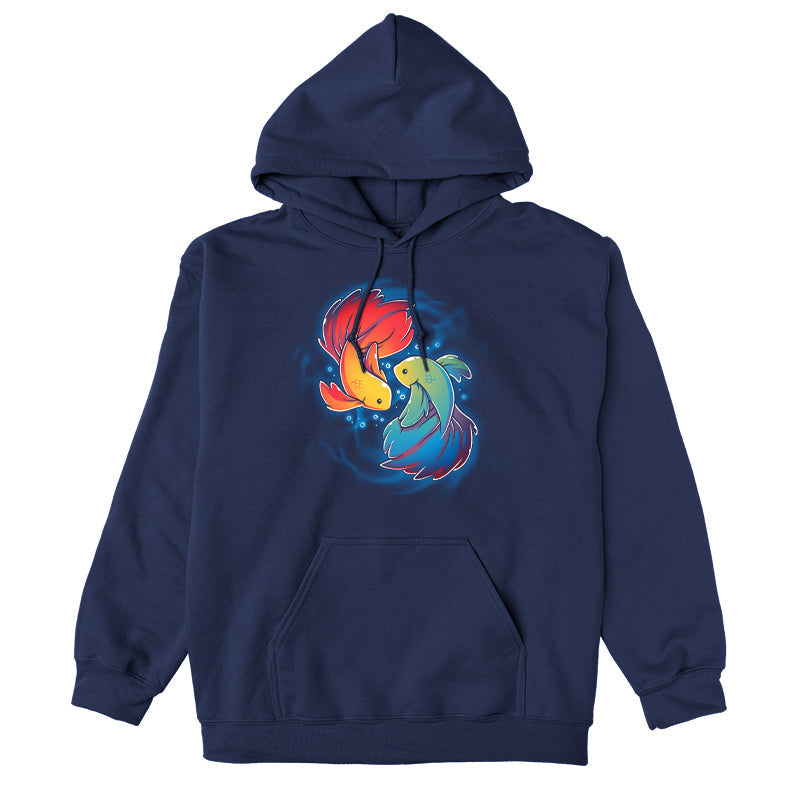 Pullover Hoodie_TeeTurtle Rainbow Betta navy blue t-shirt featuring two colorful Rainbow Betta fish displaying their pride colors swimming in a circular pattern.