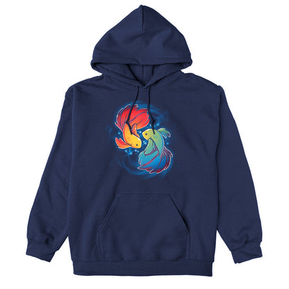 Pullover Hoodie_TeeTurtle Rainbow Betta navy blue t-shirt featuring two colorful Rainbow Betta fish displaying their pride colors swimming in a circular pattern.