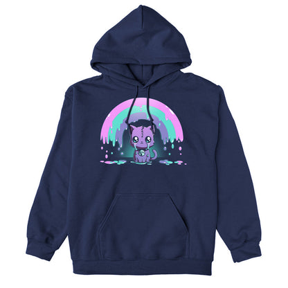 Pullover Hoodie_TeeTurtle Rainbow Crying Cat navy blue design featuring a cute purple cat with large eyes and a spooky stitched forehead, sitting under a dripping pink, green, and purple rainbow.