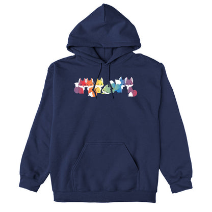 Pullover Hoodie_Illustration of seven cartoon foxes in a line, each in a different color: red, orange, yellow, green, blue, indigo, and purple against a dark background on a Navy Blue apparel from monsterdigital's Rainbow Foxes collection.