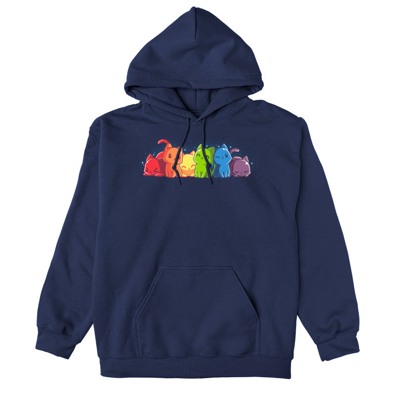 Pullover Hoodie_TeeTurtle navy blue Rainbow Kitties. Featuring a row of kittens in a rainbow color sequence.