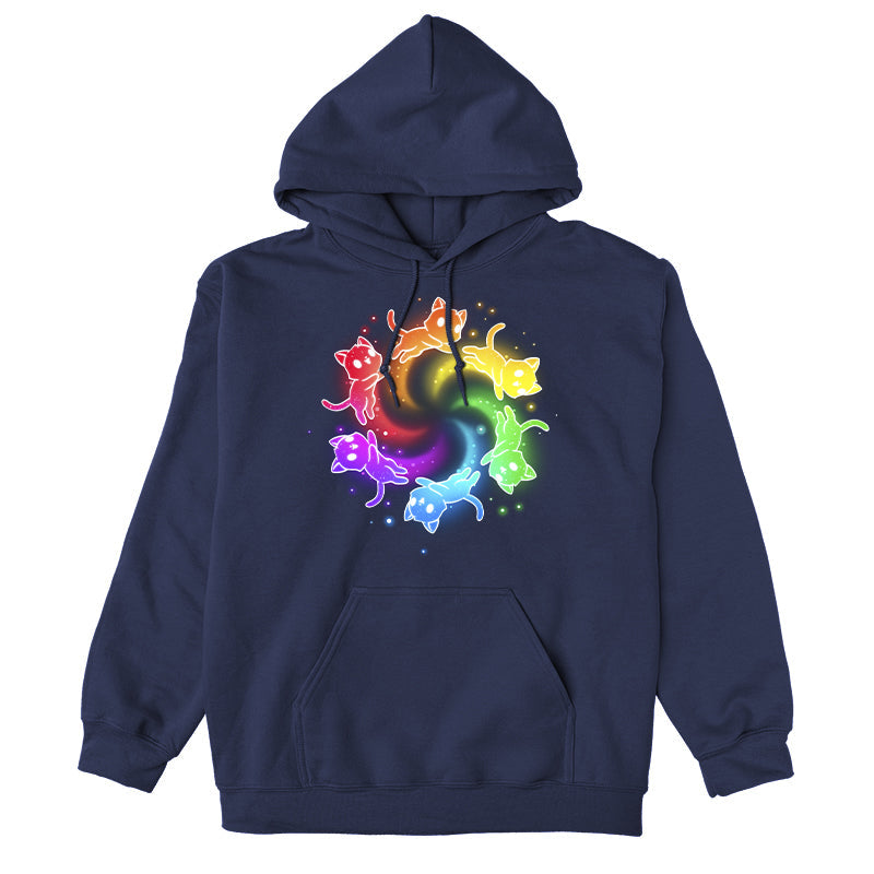 Pullover Hoodie_TeeTurtle navy blue Rainbow Space Cats apparel featuring rainbow cats running in a circle trailing sparkles.