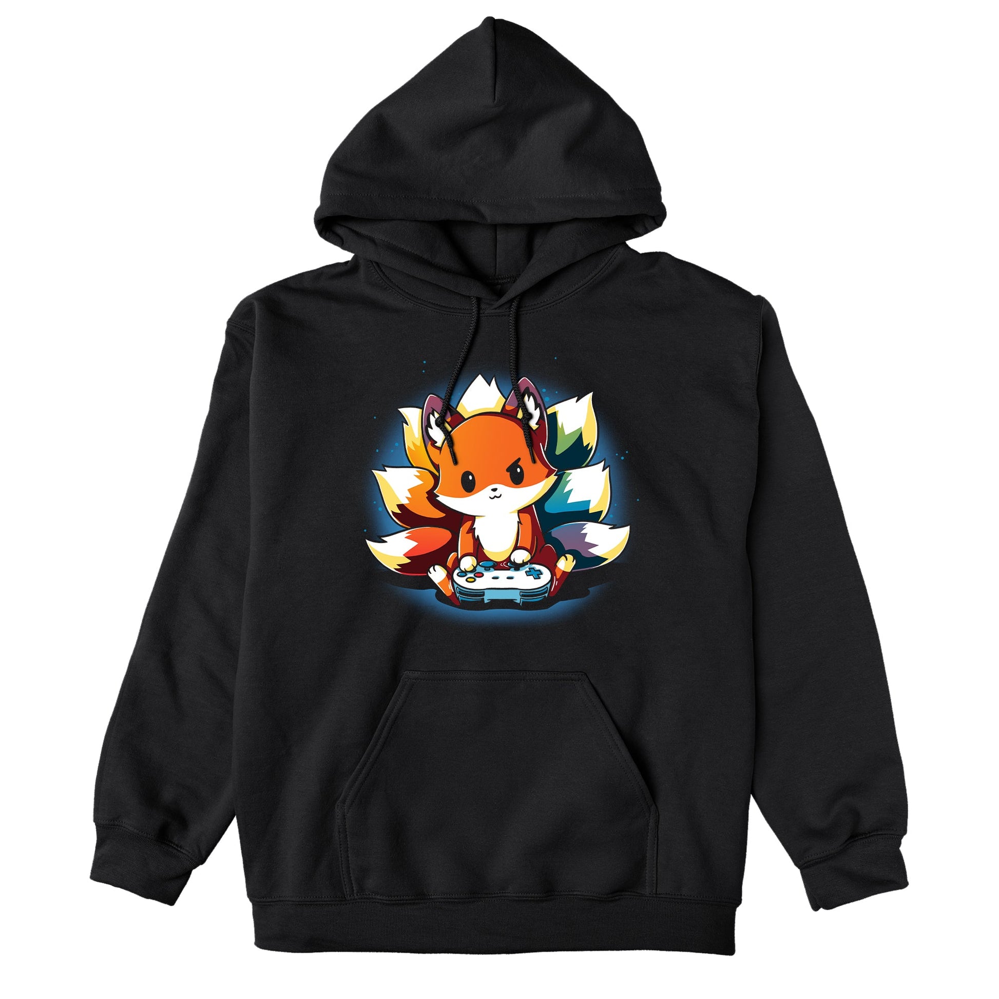 Pullover Hoodie_TeeTurtle Rainbow Gamer black Featuring a kitsune with rainbow tails playing video games