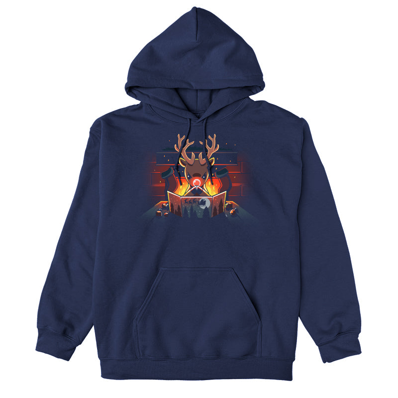 Pullover Hoodie_TeeTurtle Reindeer Game Master navy blue design featuring a reindeer in a tabletop game christmas scene. The reindeer glowing red nose debating their next game move with dice around the table, in front of a bright fire and stockings hung on the chimney.