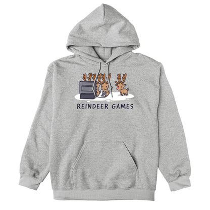 Pullover Hoodie_TeeTurtle Reindeer Games heather gray t-shirt featuring Christmas reindeer playing video games