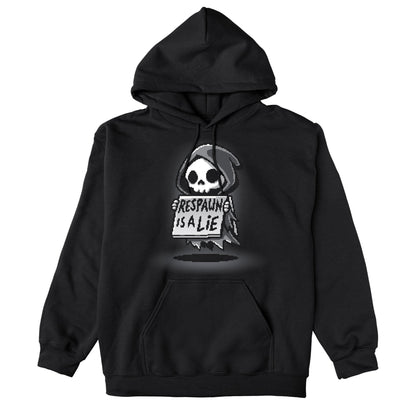 Pullover Hoodie_TeeTurtle Respawn is a Lie black design featuring video game pixel art of a small grim reaper character holding a sign that reads "Respawn is a Lie" with a spotlight on the character.