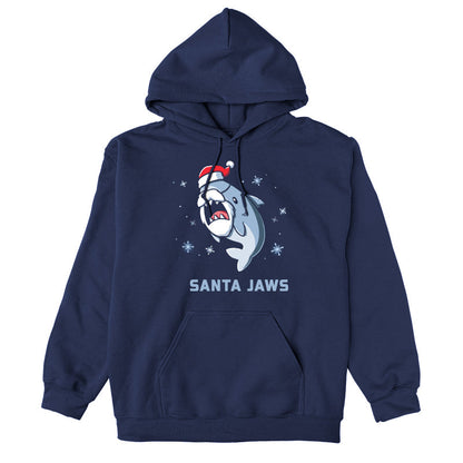 Pullover Hoodie_TeeTurtle Santa Jaws navy blue design featuring a Christmas shark dressed up as Santa 