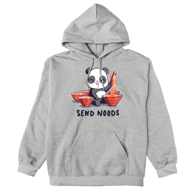 Pullover Hoodie_A cartoon panda joyfully eating noodles with chopsticks, surrounded by bowls of noodles. Text at the bottom reads, "SEND NOODS." Made from super soft ringspun cotton, this unisex Send Noods apparelby monsterdigital is perfect for noodle lovers everywhere.