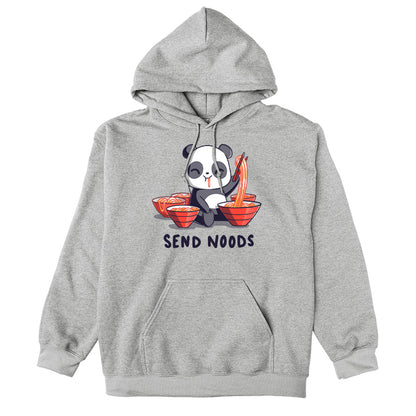 Pullover Hoodie_A cartoon panda joyfully eating noodles with chopsticks, surrounded by bowls of noodles. Text at the bottom reads, "SEND NOODS." Made from super soft ringspun cotton, this unisex Send Noods apparelby monsterdigital is perfect for noodle lovers everywhere.