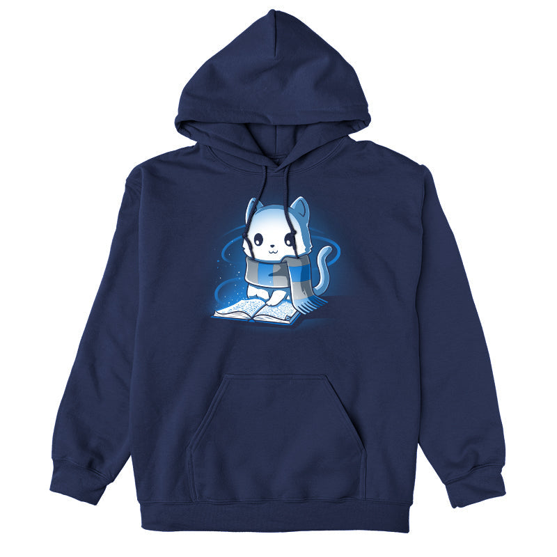 Pullover Hoodie_TeeTurtle navy blue Smart Kitty. Featuring a white cat with a blue and silver striped scarf reading a book.