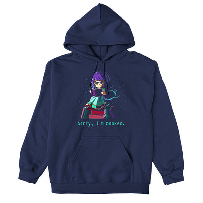 Pullover Hoodie_TeeTurtle navy blue Sorry I'm Booked]. Featuring a girl sitting on a pile of books reading.