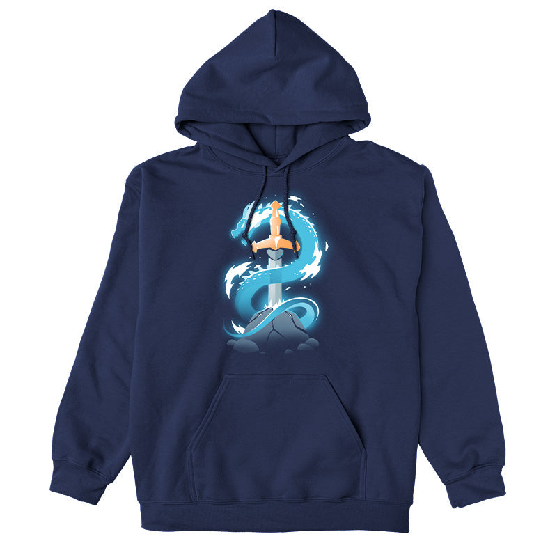 Pullover Hoodie_TeeTurtle Sword Dragon navy blue design featuring a sword in a cracked rock, with a dragon coiling around it.