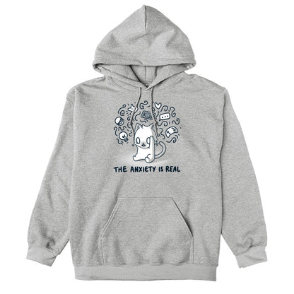 Pullover Hoodie_Teeturtle The Anxiety is Real Heather Gray Featuring an anxious white cat holding its head while imagining all the various things it's anxious about with the image set above the words 'The Anxiety is Real'.