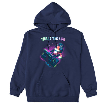 Pullover Hoodie_TeeTurtle navy blue This Is the Life. Featuring a fox wearing a headset relaxing in front of a desktop computer.