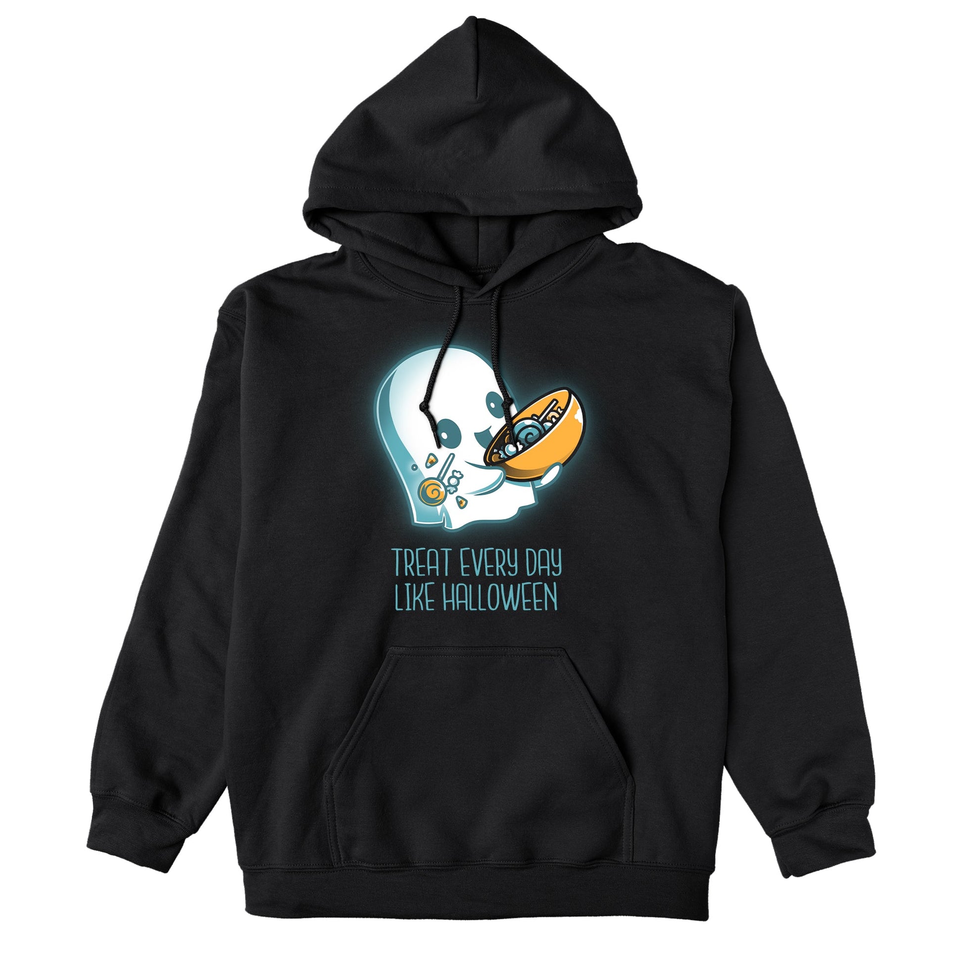 Pullover Hoodie_Teeturtle Treat Every Day Like Halloween black design featuring a cute ghost with a bowl full of candy and the words 'Treat Every Day Like Halloween' beneath.