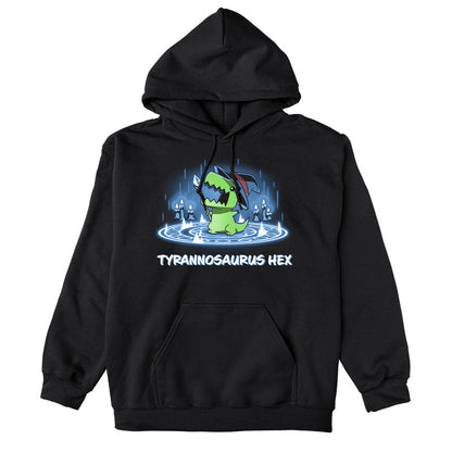 Pullover Hoodie_TeeTurtle black Tyrannosaurus Hex. Featuring a t-rex wearing a witch hat with a wand inside a summoning pentagram.